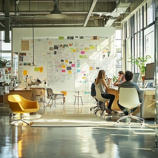 Employees collaborating in a modern open-plan office with whiteboards.