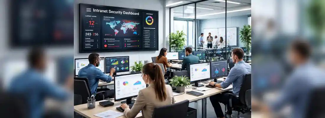 Office employees analyzing metrics on an Intranet Security Dashboard screen.