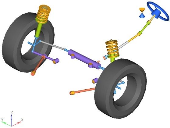 3D model of a MacPherson strut suspension and steering assembly